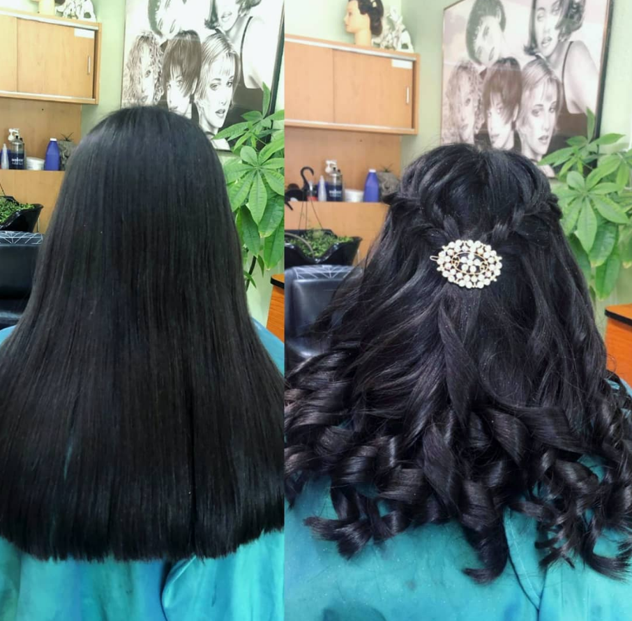 Straight to curled updo before and after